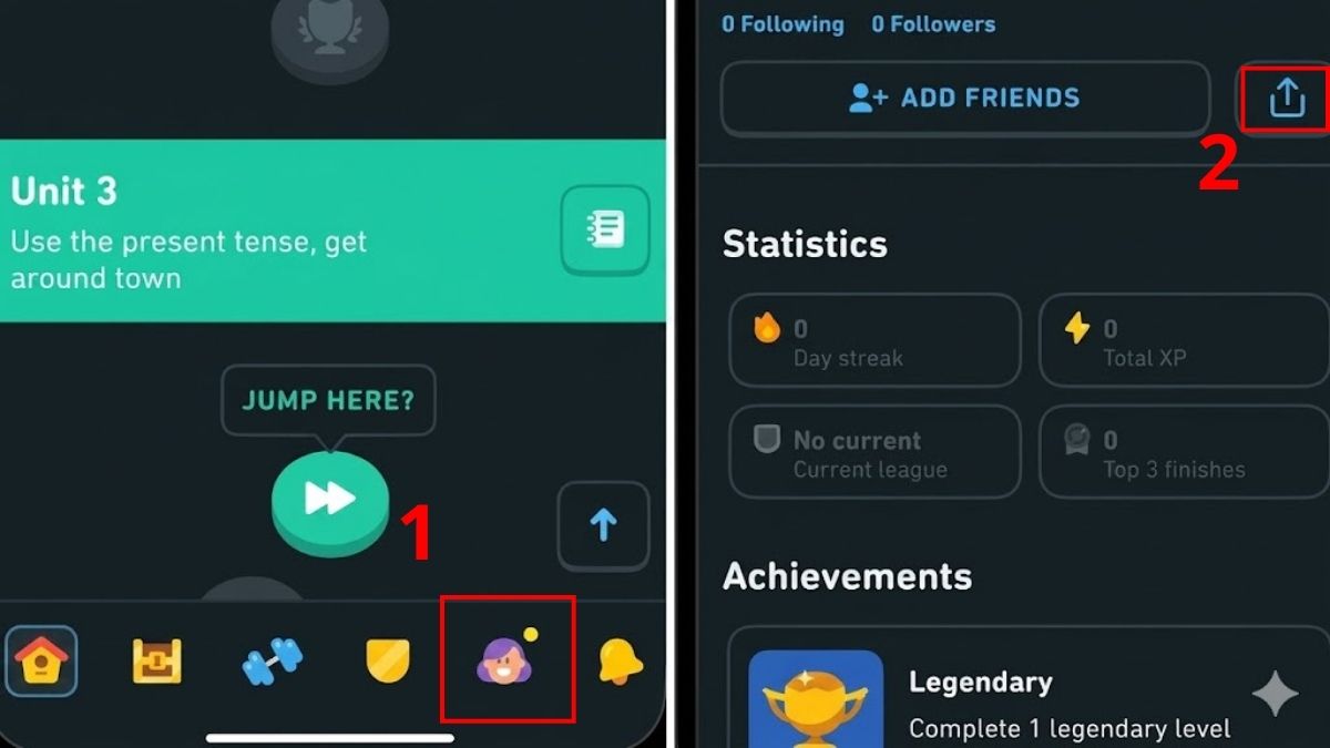 Chọn biểu tượng chia sẻ hồ sơ trong cách kết bạn duolingo trên điện thoại.