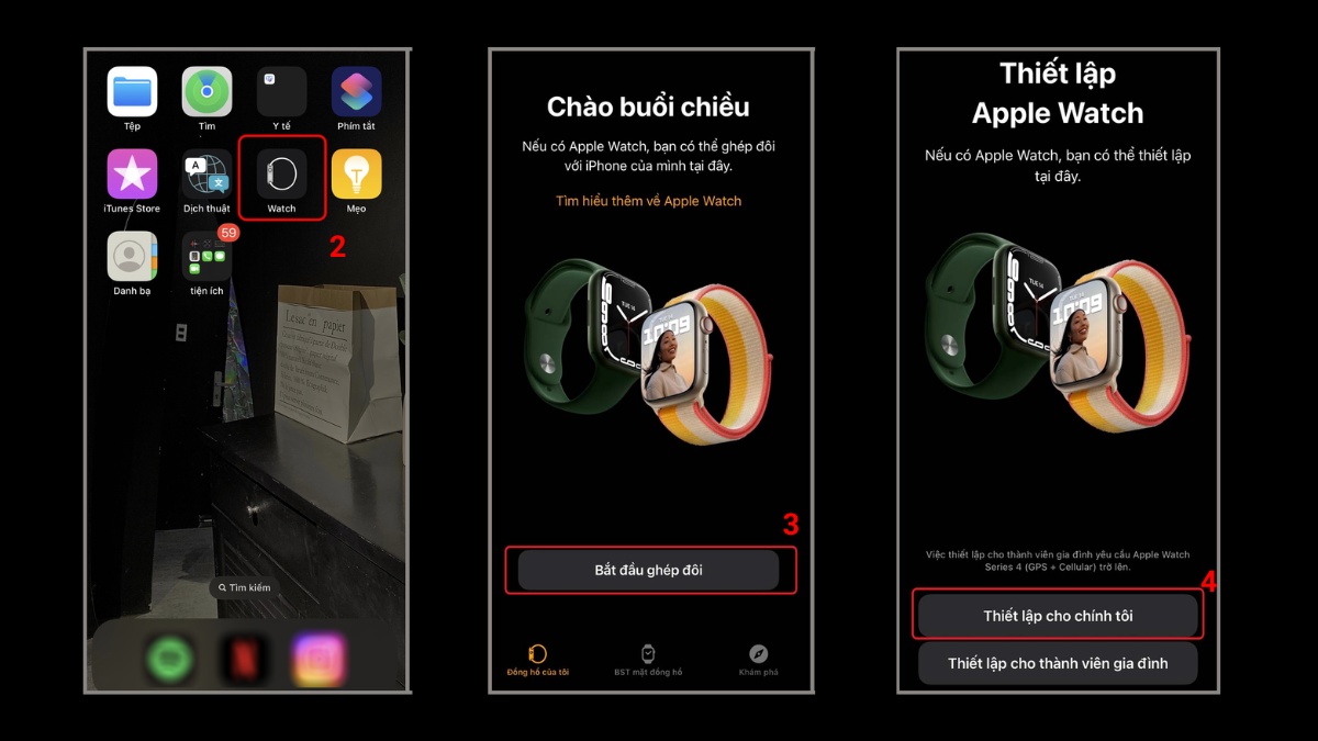 Sử dụng app Watch trên iPhone để thiết lập trước khi kết nối apple watch với android.