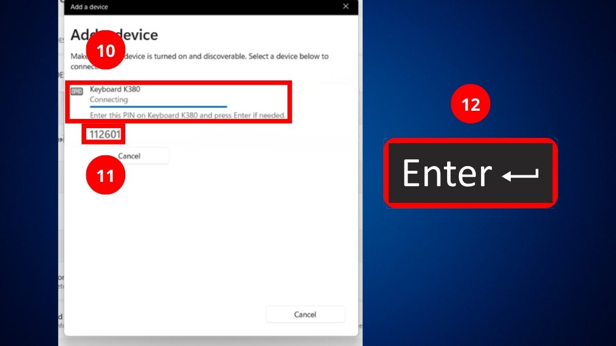 Nhập mã PIN để xác nhận cách kết nối bàn phím bluetooth Logitech với laptop Windows.