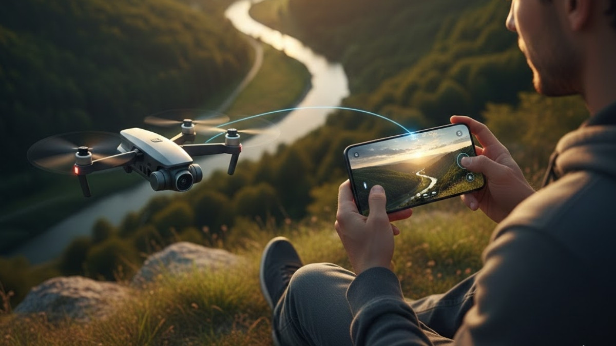 Góc nhìn FPV truyền hình ảnh trực tiếp drone về điện thoại giúp căn chỉnh khung hình khi kết nối flycam với điện thoại thành công.