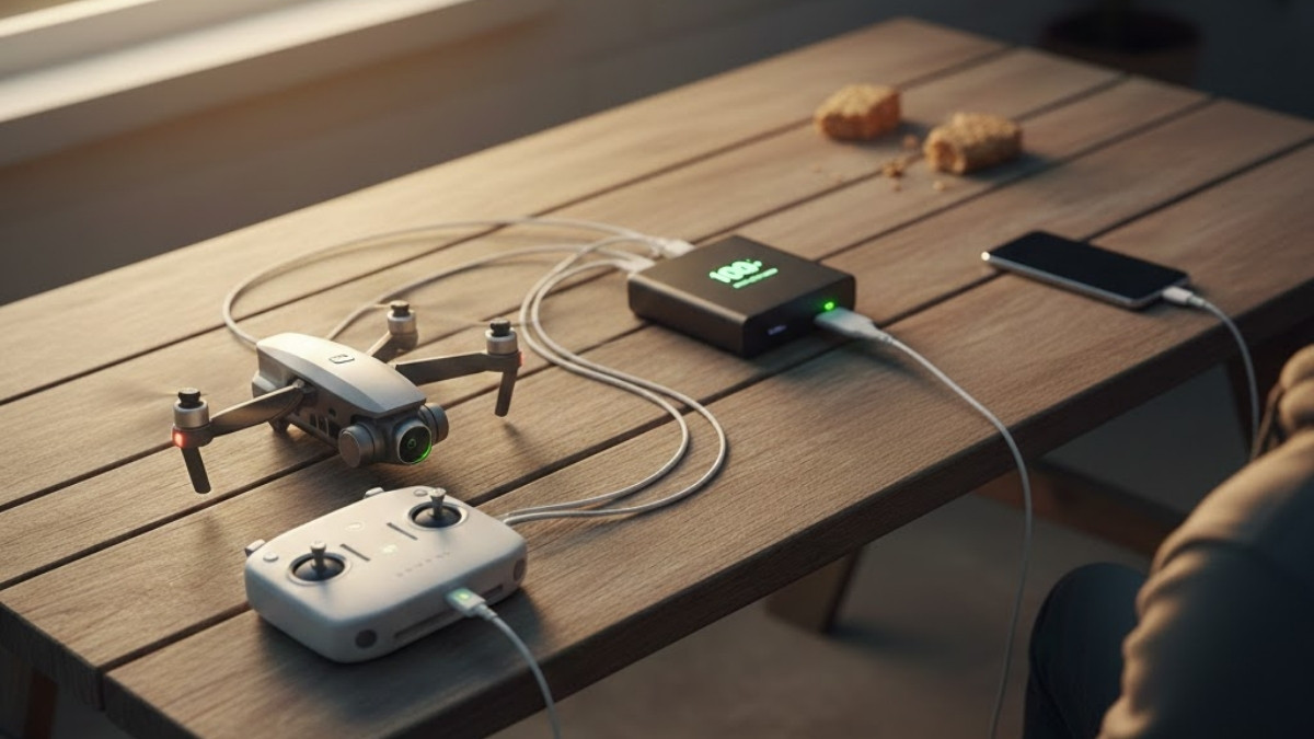 Người dùng đang cắm cáp sạc để chuẩn bị thực hiện cách kết nối flycam drone với điện thoại ổn định nhất.