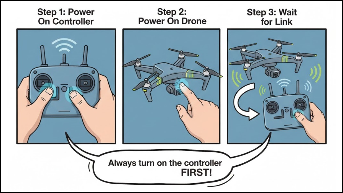 Thao tác bật nguồn trên máy bay là bước quan trọng trong quy trình cách kết nối flycam drone với điện thoại.