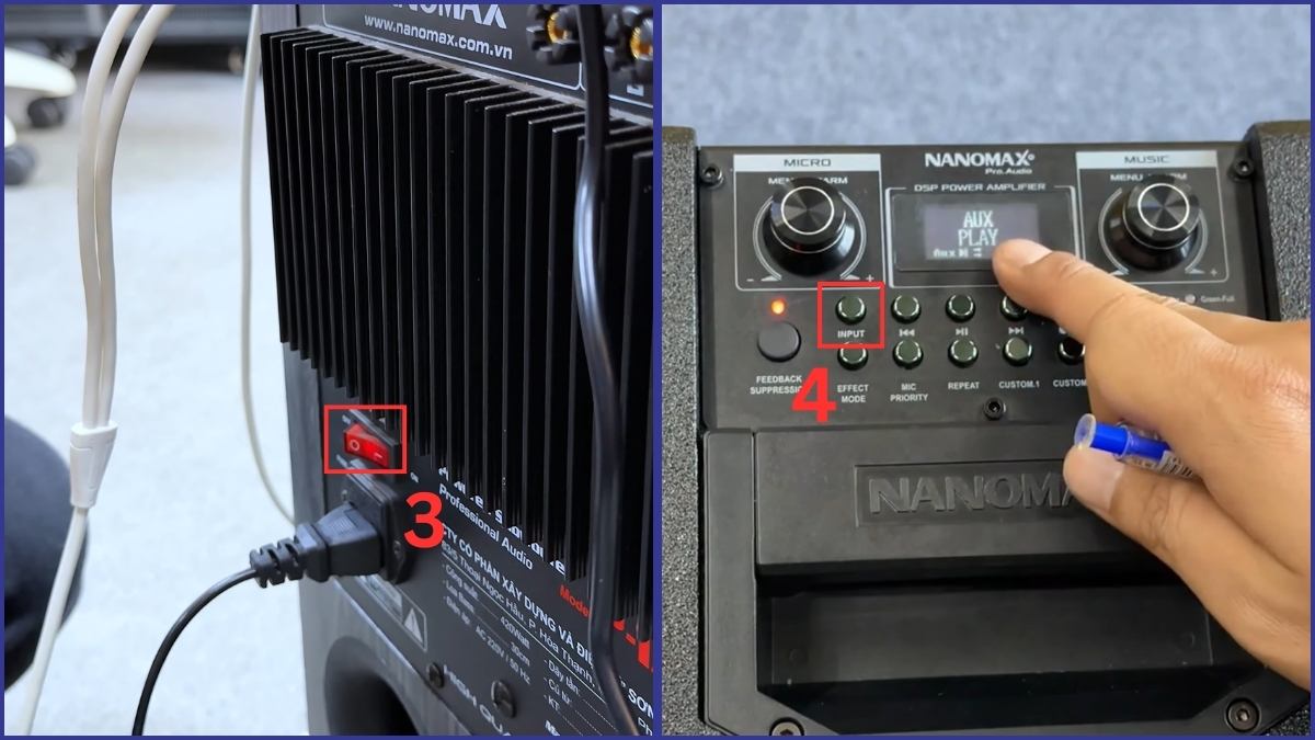 Chọn chế độ AUX trên bảng điều khiển trong cách kết nối loa Nanomax với điện thoại.