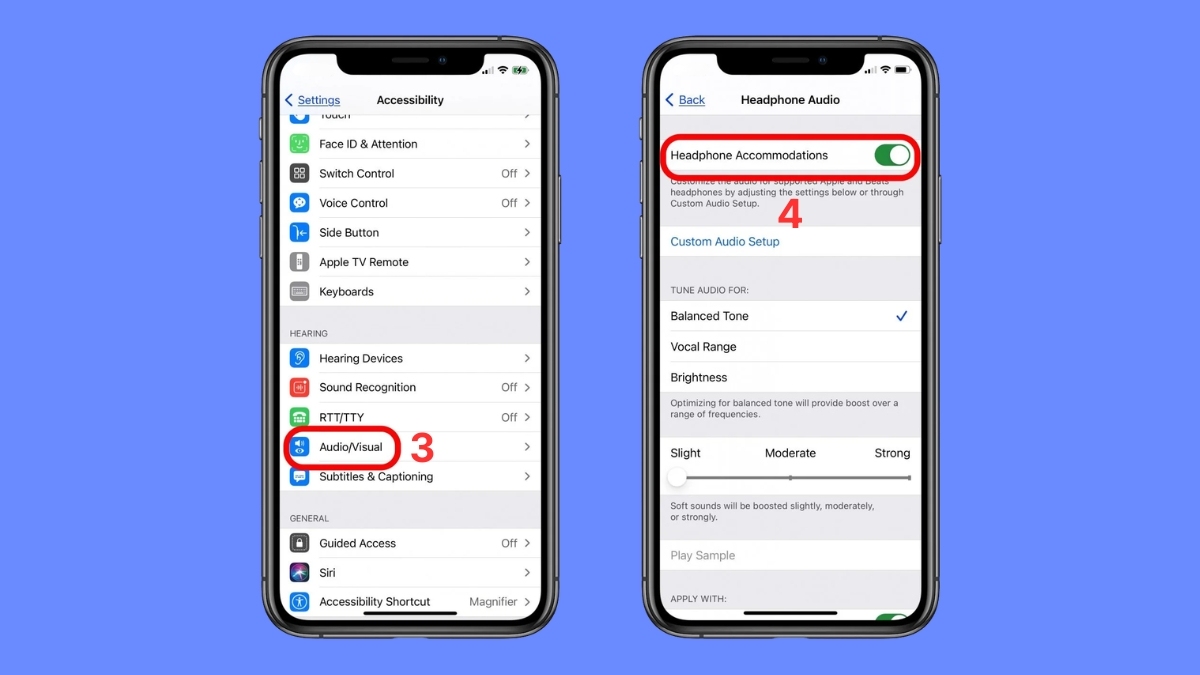 Tùy chỉnh Headphone Accommodations sau khi thực hiện cách kết nối tai nghe có dây với điện thoại.