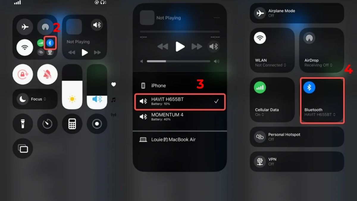 Bật Bluetooth trên trung tâm điều khiển iOS để bắt đầu kết nối tai nghe Havit.