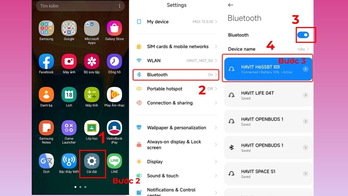 Truy cập cài đặt Bluetooth trên điện thoại Android để thực hiện cách kết nối tai nghe Havit.