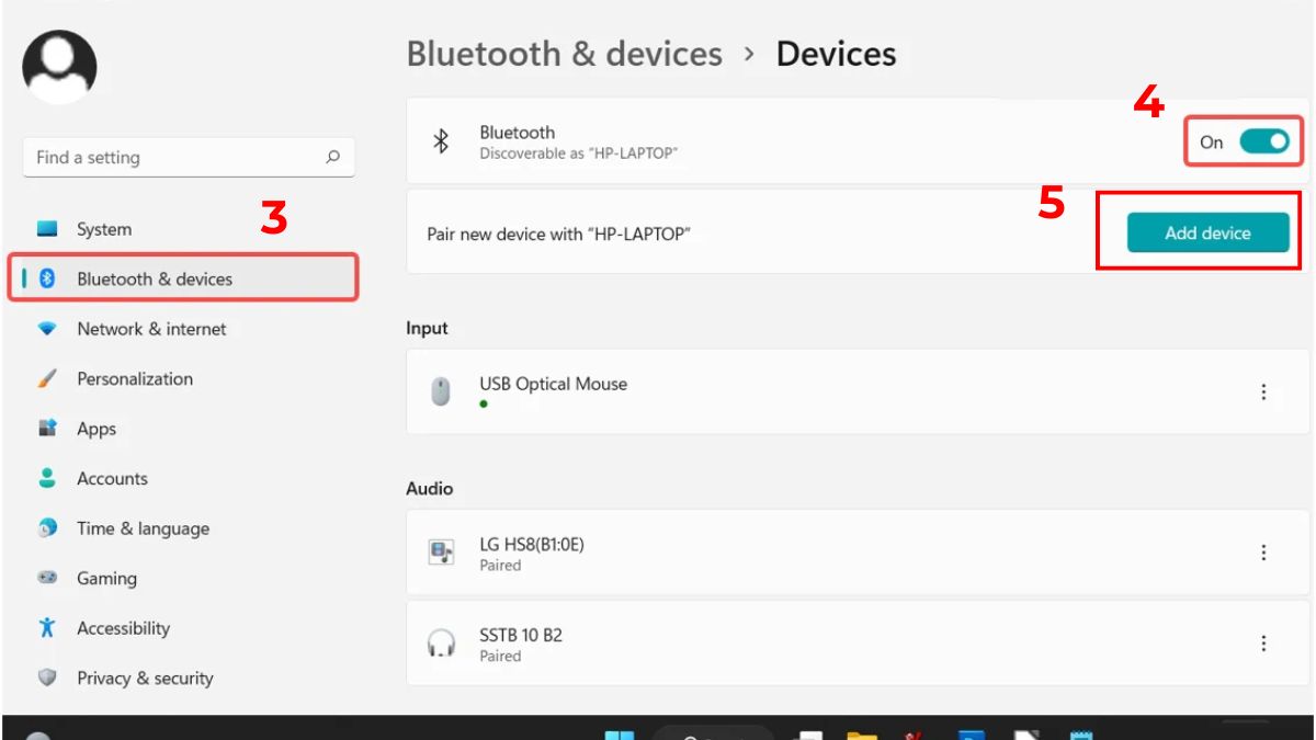 Nhấn Add device trong phần Bluetooth and devices để kết nối tai nghe Havit với máy tính.
