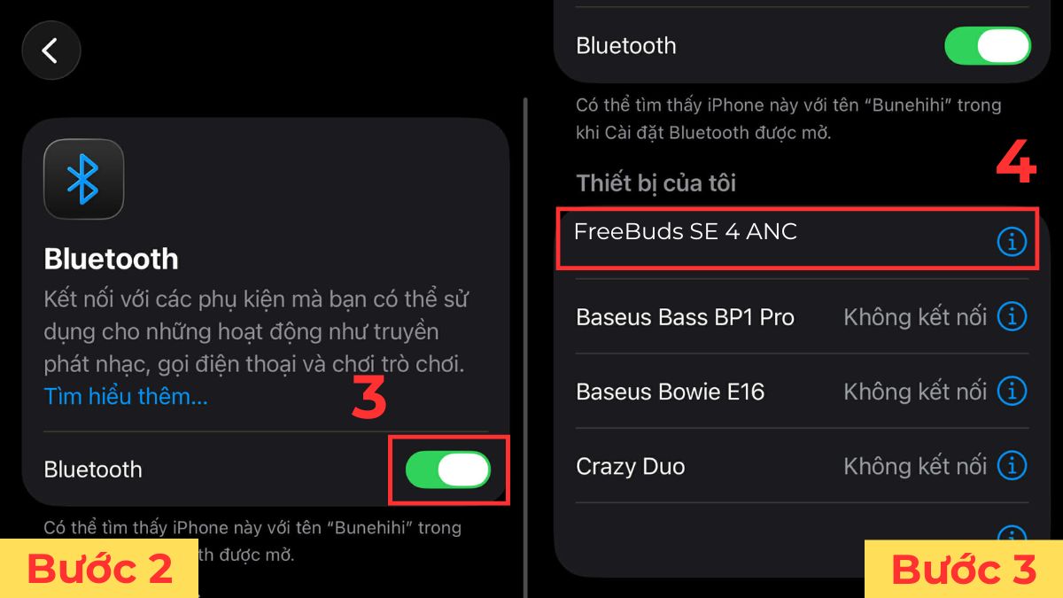 Danh sách Bluetooth giúp thực hiện cách kết nối tai nghe Huawei với iPhone nhanh.