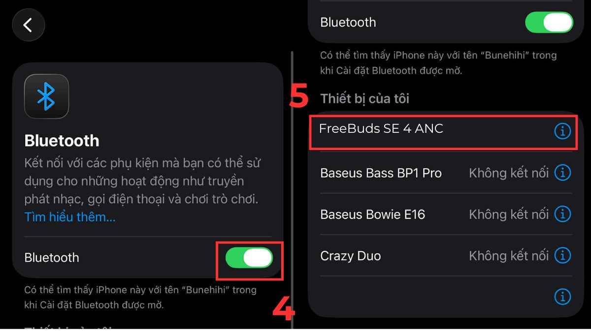 Kích hoạt Bluetooth trên điện thoại để chuẩn bị kết nối tai nghe Huawei.