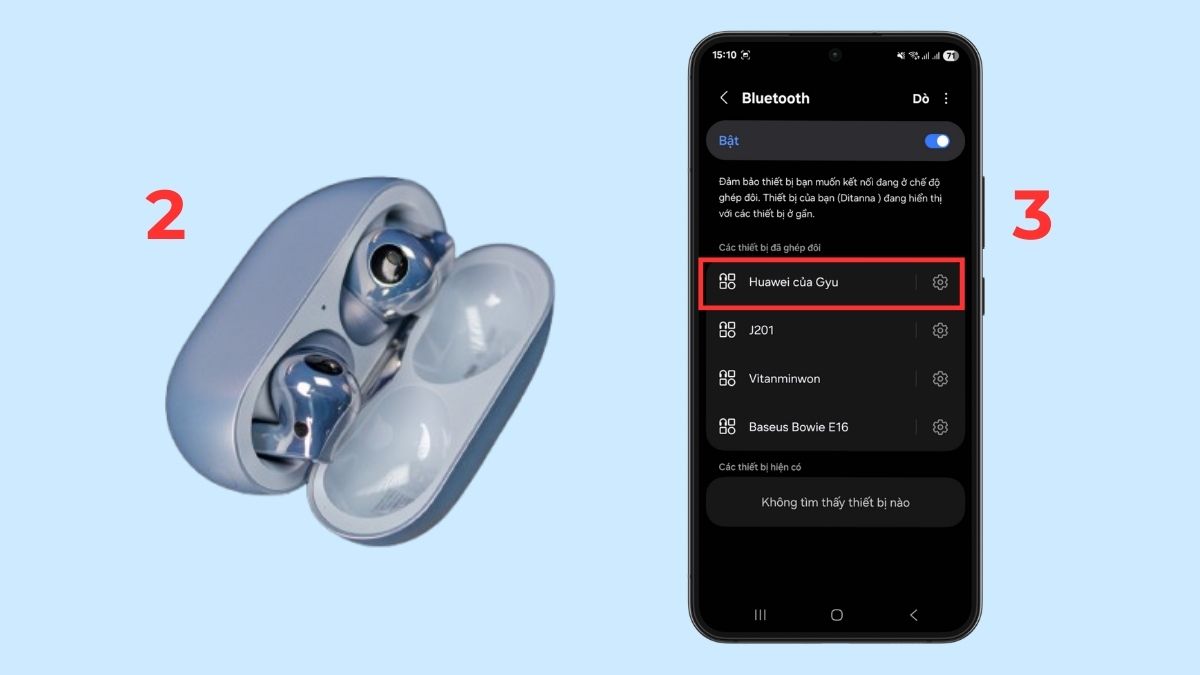 Ghép đôi thiết bị thứ nhất trong quy trình kết nối tai nghe Huawei đồng thời.