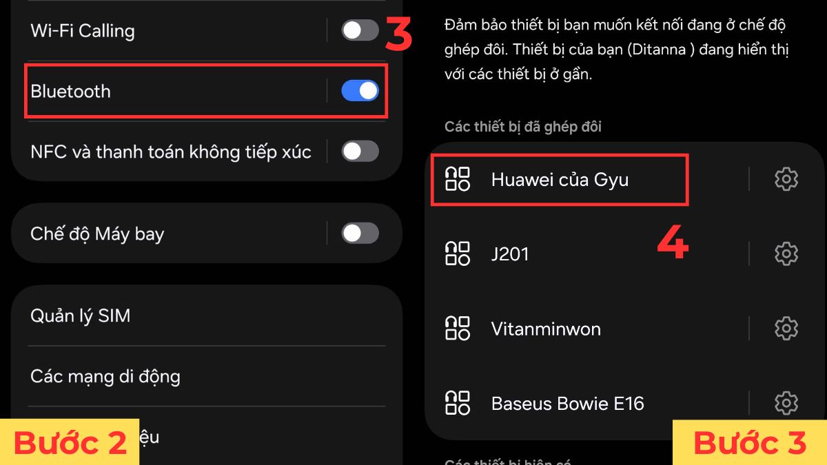 Chọn tên thiết bị trong Bluetooth để hoàn tất kết nối tai nghe Huawei với Android.