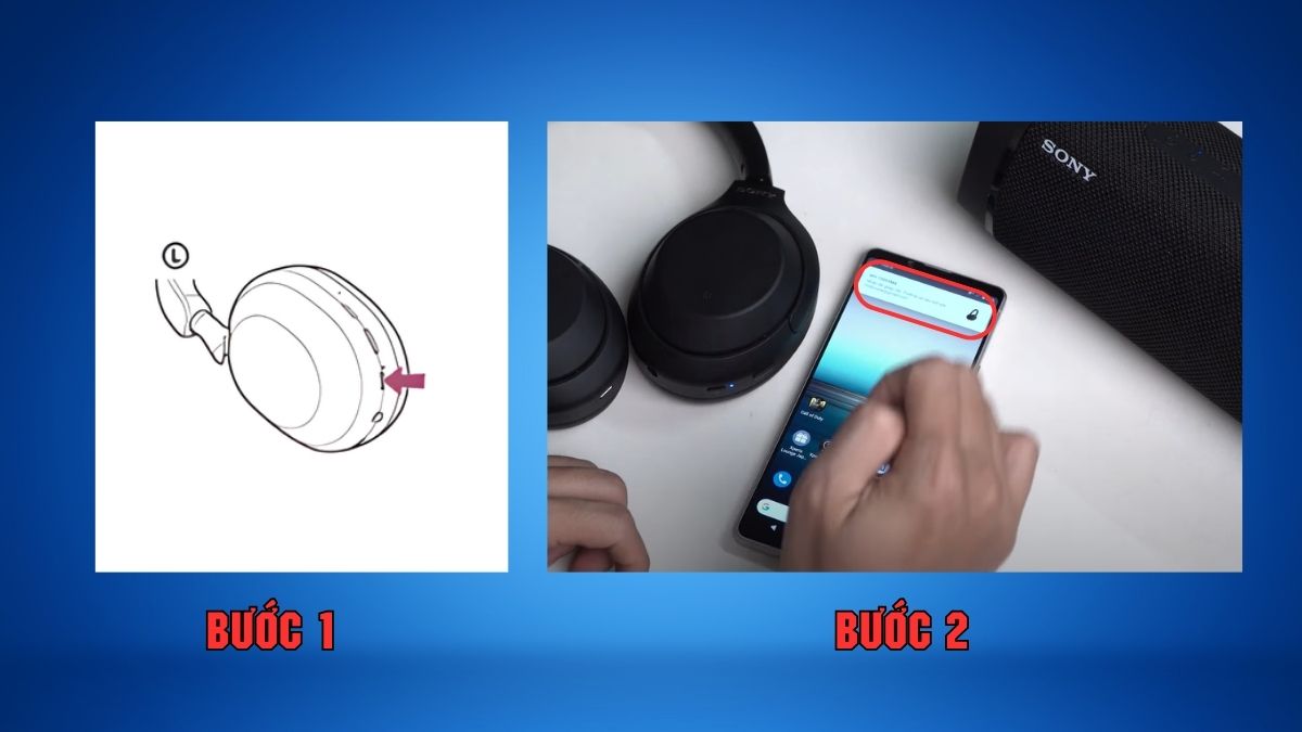 Nhấn giữ nút nguồn là bước đầu trong cách kết nối tai nghe Sony WH-CH520.