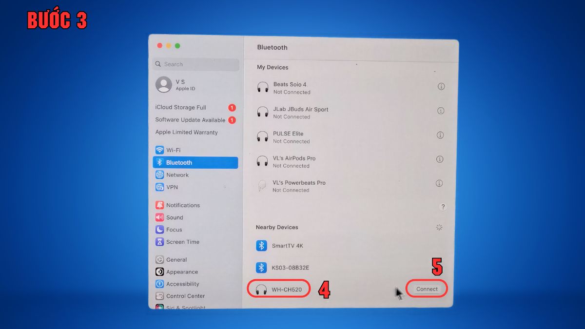 Chọn đúng tên thiết bị WH-CH520 để kết nối tai nghe Sony WH-CH520 với laptop Apple.