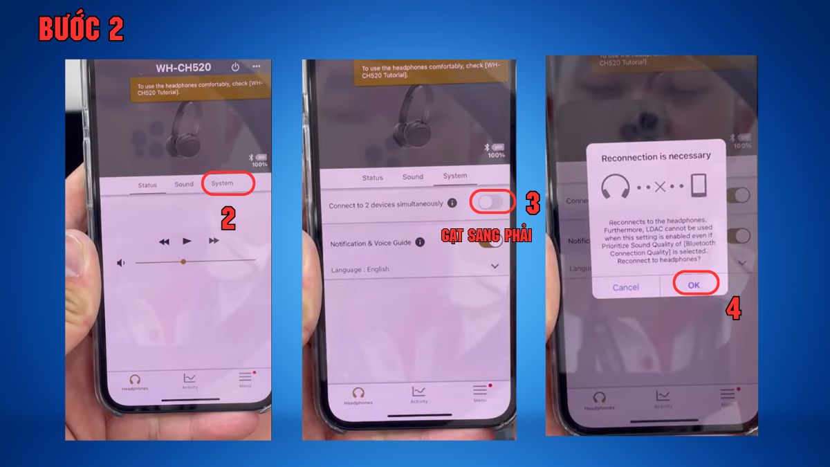 Bật tính năng Connect to 2 devices trong cách kết nối tai nghe Sony WH-CH520 đa điểm.
