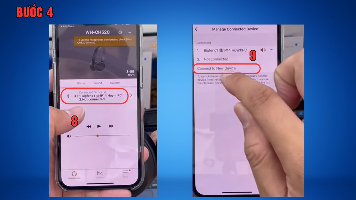 Thêm thiết bị thứ hai vào danh sách kết nối tai nghe Sony WH-CH520 với laptop và điện thoại.