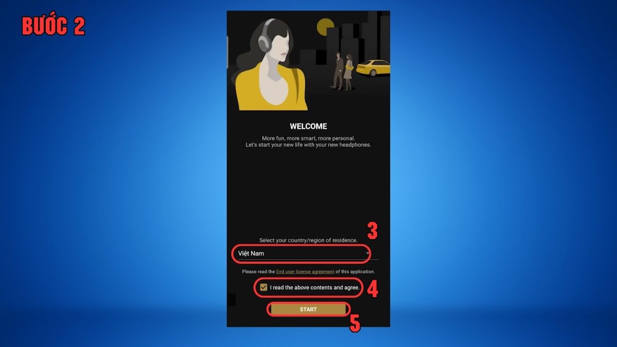 Thiết lập quốc gia trên ứng dụng để hỗ trợ cách kết nối tai nghe Sony WH-CH520.