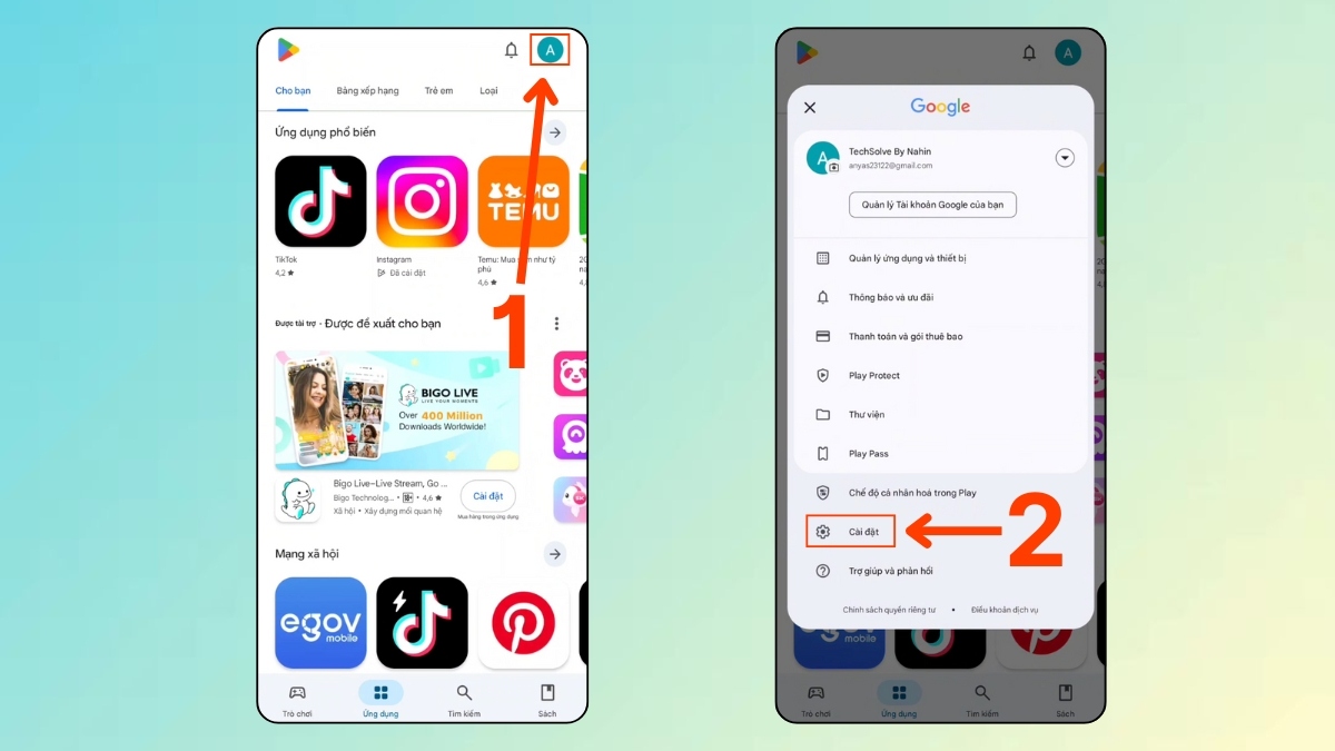 Hướng dẫn đi tới Cài đặt trên CH Play để thiết lập cách khóa không cho tải ứng dụng trên ch play