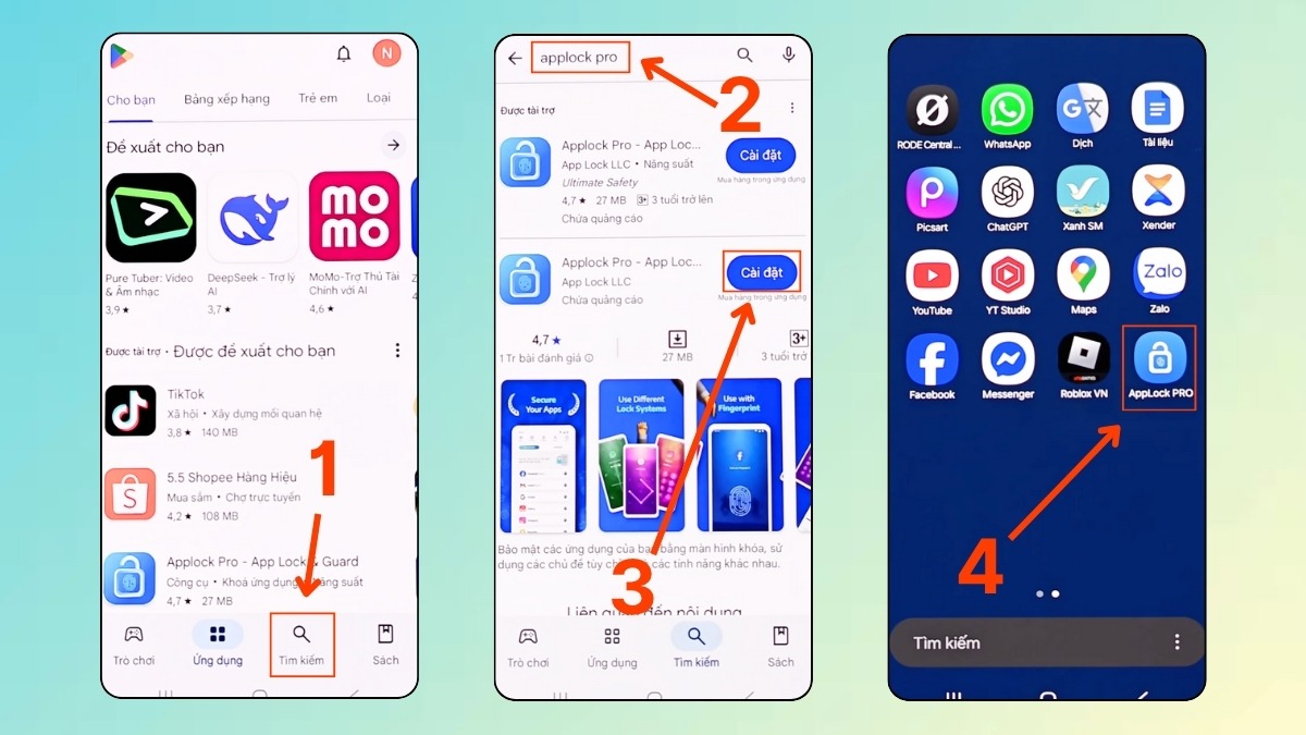 Tìm kiếm và cài đặt Applock Pro để thực hiện cách khóa ch play không cho tải ứng dụng bằng ứng dụng bên thứ ba