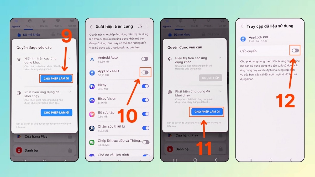 Kích hoạt các quyền cần thiết cho Applock Pro, bước quan trọng để khóa ứng dụng trên Google Play