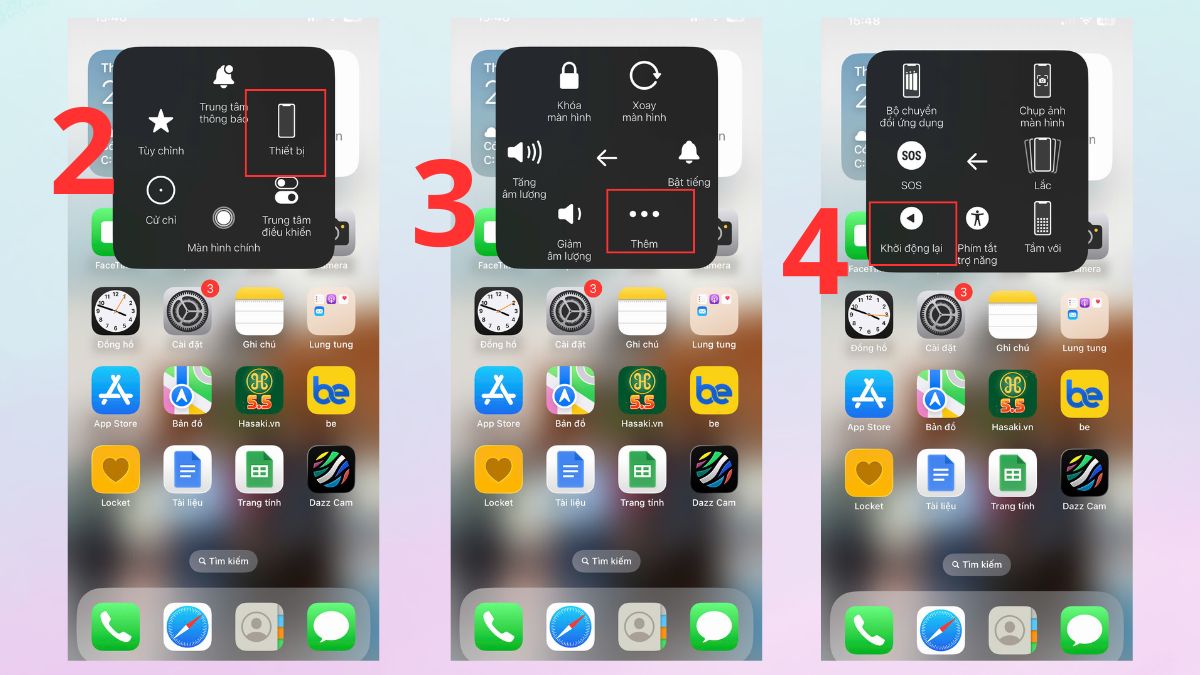 Chọn Khởi động lại trong menu AssistiveTouch theo cách khởi động lại iphone 13.