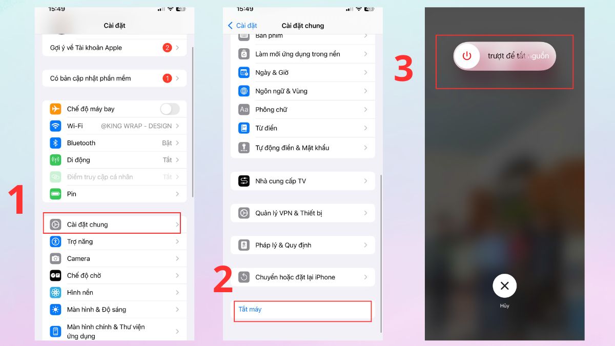 Chọn Tắt máy trong Cài đặt chung theo cách khởi động lại iphone 13.