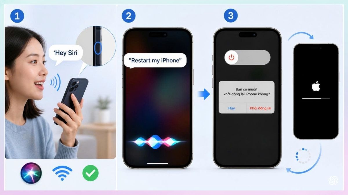 Dùng giọng nói yêu cầu Siri thực hiện cách khởi động lại iphone 13.