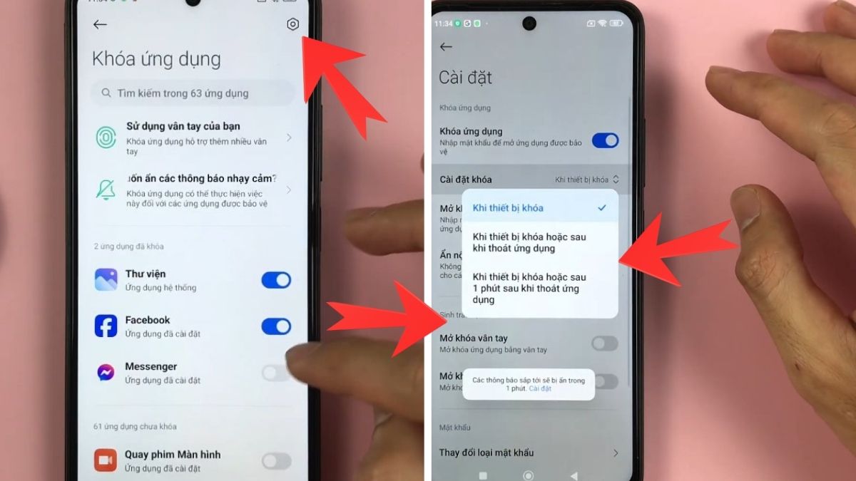 Tùy chọn các mốc thời gian tự động khóa lại của cách khoá ứng dụng trên xiaomi.