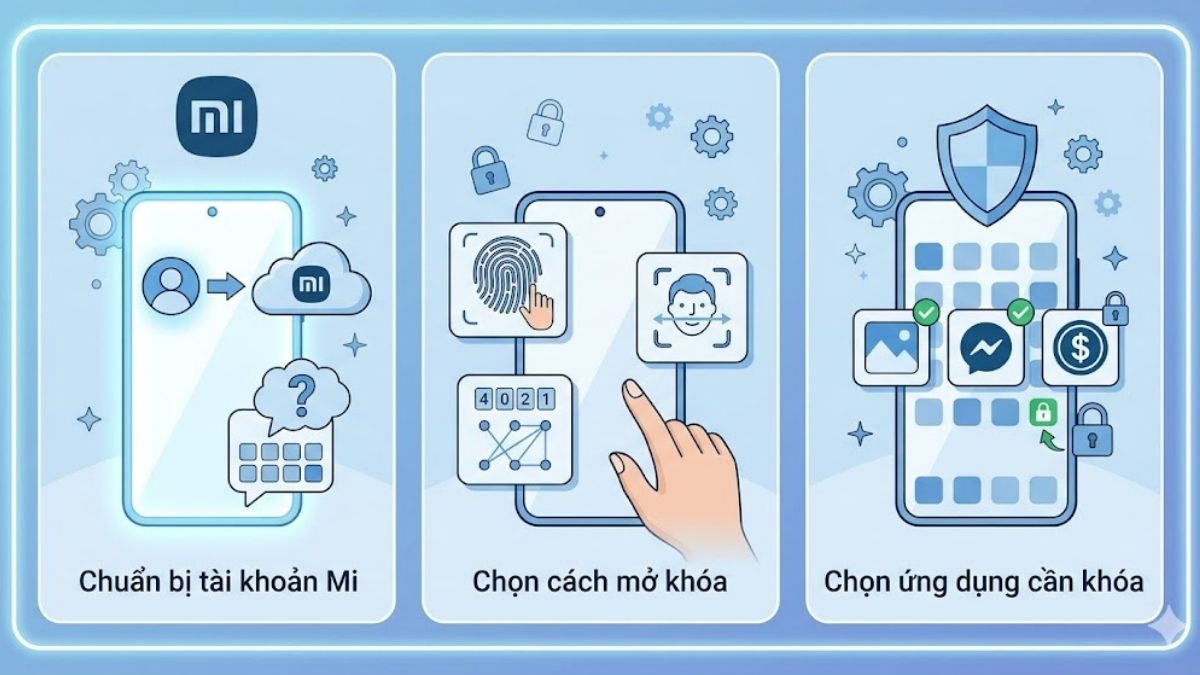 Đồ họa các bước chuẩn bị trước khi cài đặt cách khoá ứng dụng trên xiaomi.
