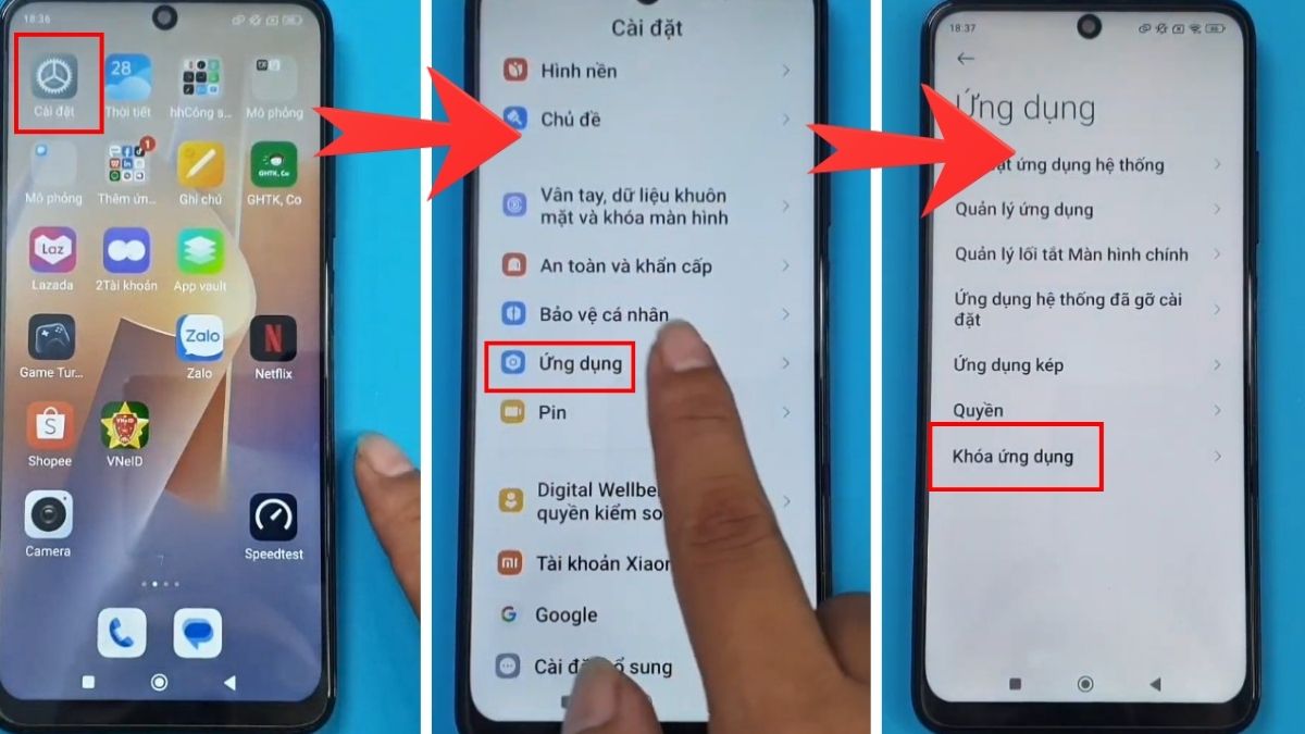 Truy cập mục ứng dụng để thiết lập cách khoá ứng dụng trên xiaomi MIUI mới.