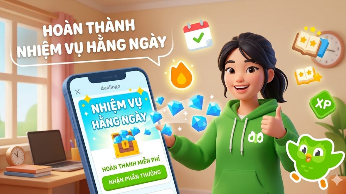 Hoàn thành nhiệm vụ hàng ngày là cách kiếm kim cương trong duolingo rất hiệu quả.