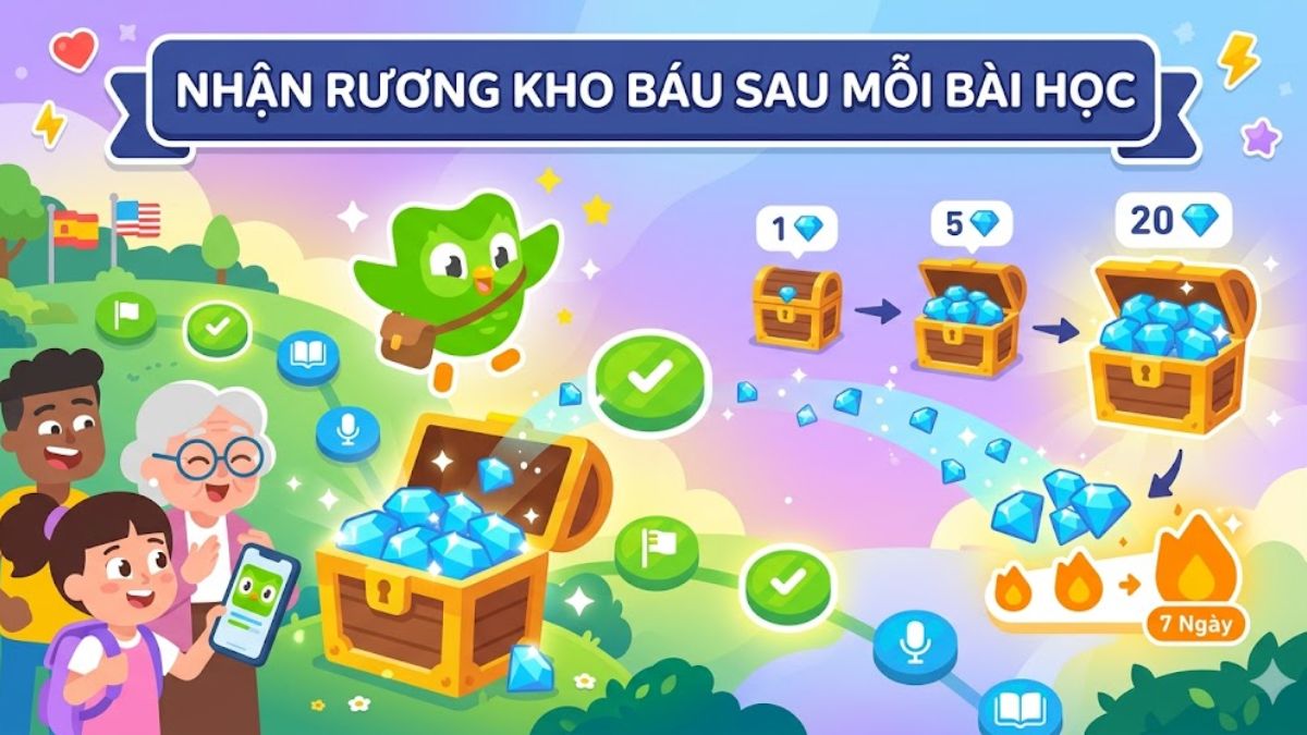 Mở rương kho báu sau bài học giúp tối ưu cách kiếm kim cương trong duolingo.