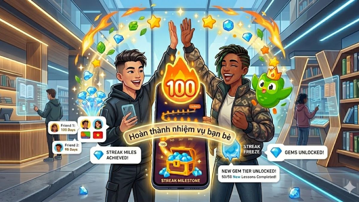 Thực hiện nhiệm vụ bạn bè là cách kiếm kim cương trong duolingo rất thú vị.