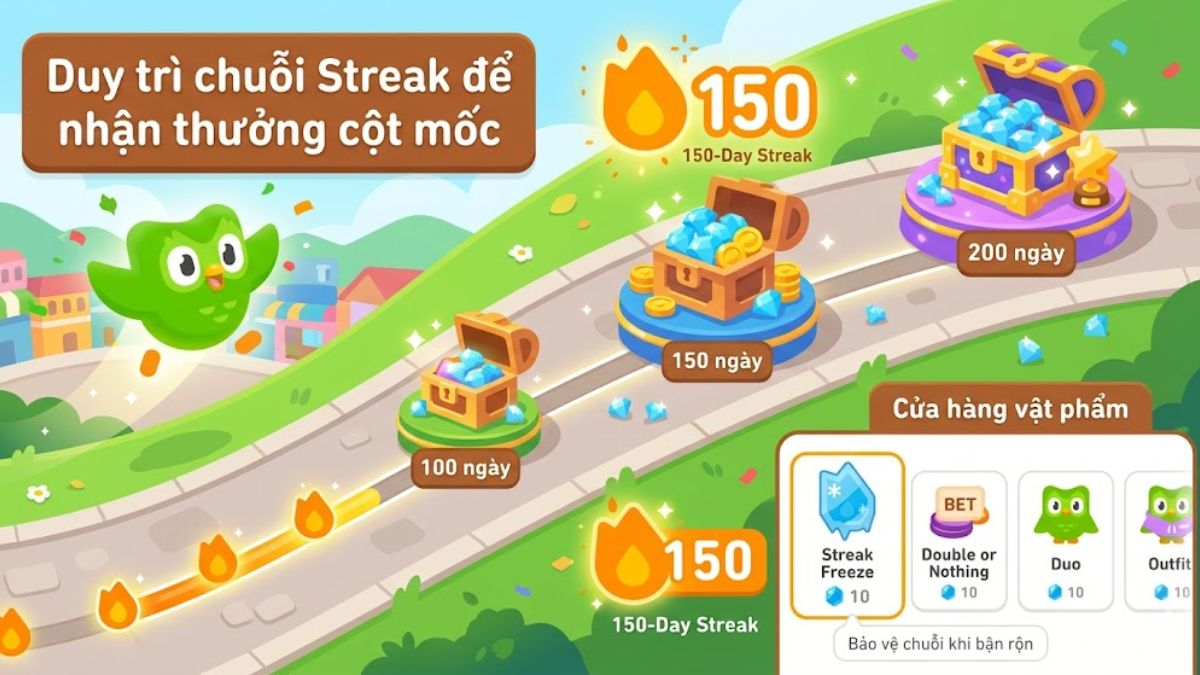 Cách kiếm kim cương trong duolingo nhờ duy trì chuỗi Streak và dùng kim cương mua Streak Freeze.