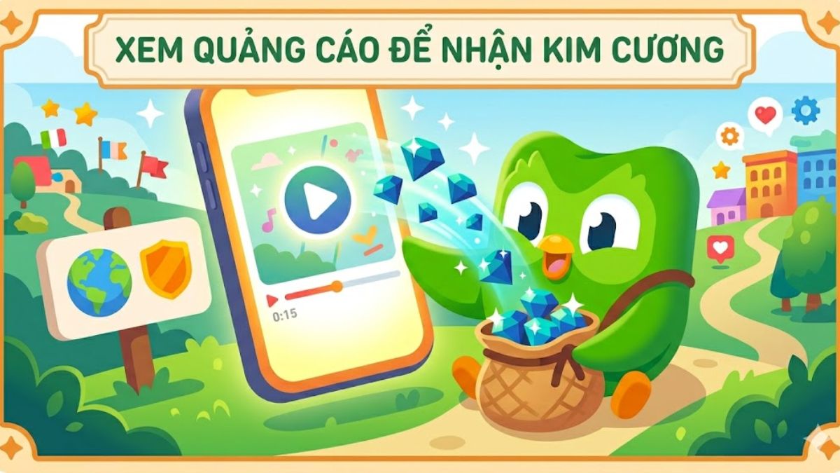 Xem video quảng cáo là cách kiếm kim cương trong duolingo đơn giản và hoàn toàn miễn phí.