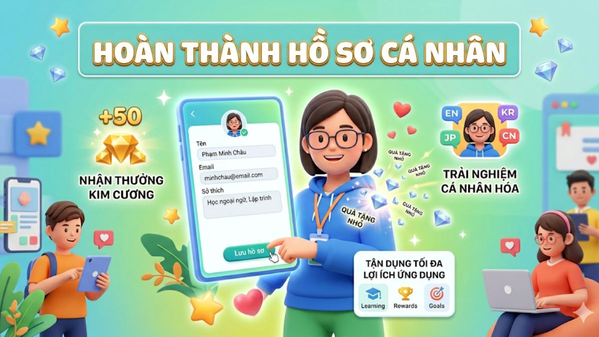 Hoàn thiện hồ sơ cá nhân cũng là cách kiếm kim cương trong duolingo rất dễ dàng.