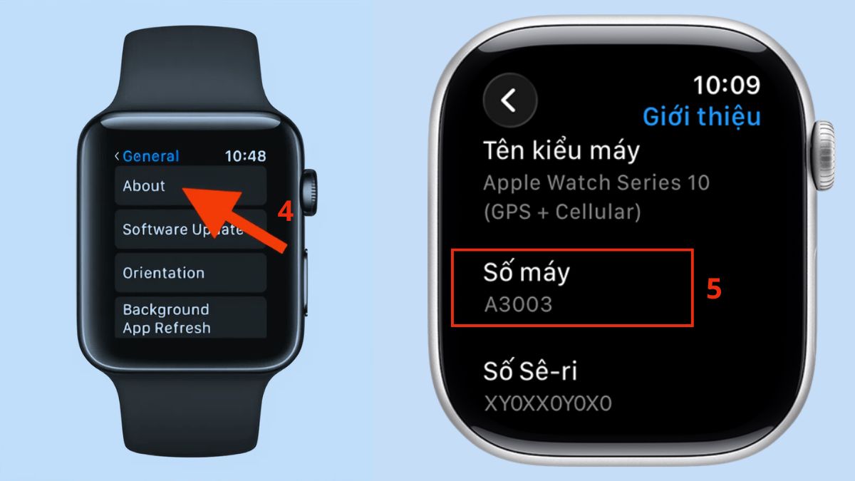 Cách kiểm tra apple watch đời nào bằng việc xem số máy A3003 trong phần Giới thiệu.