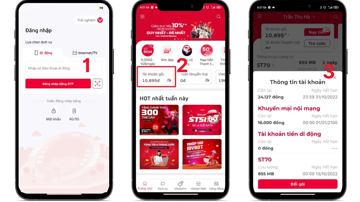 Các bước tra cứu gói data Viettel qua app MyViettel, xem thông tin tài khoản và kiểm tra gói cước khuyến mãi Viettel.