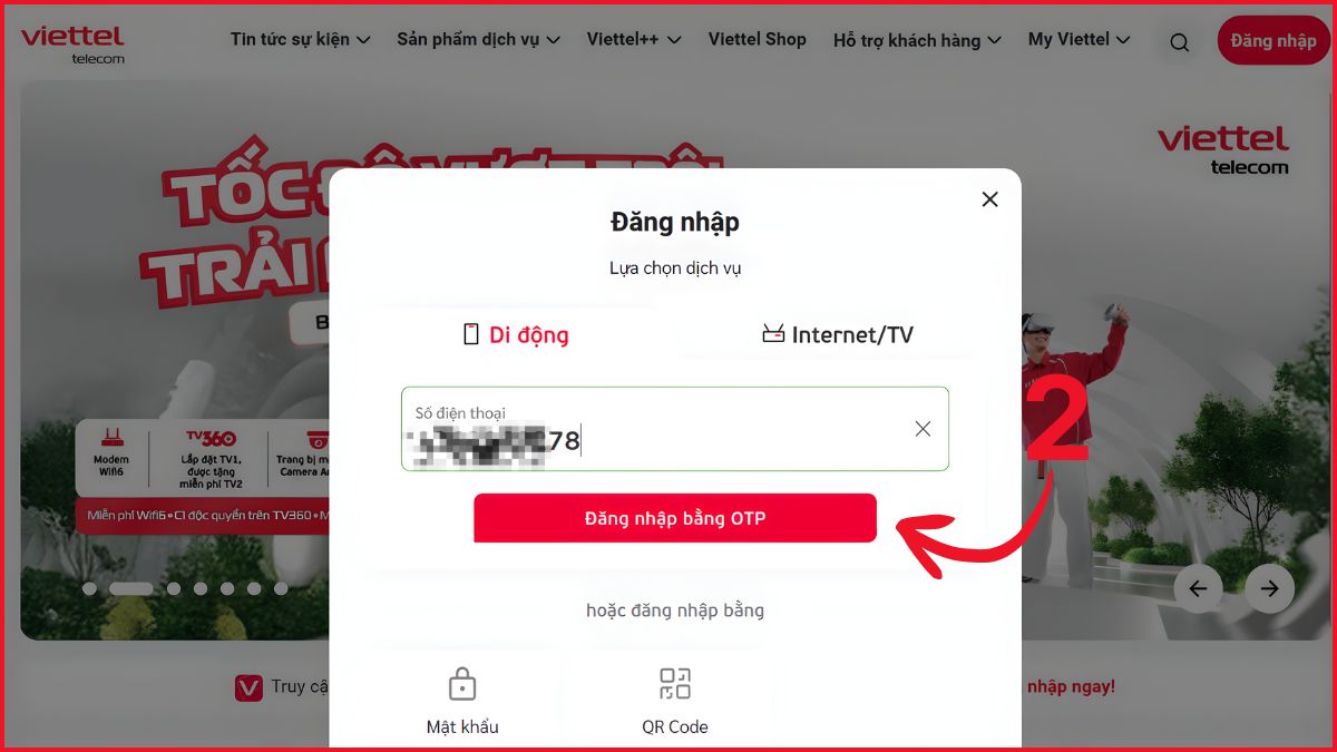 Cửa sổ Đăng nhập Viettel, nhập Số điện thoại để kiểm tra khuyến mãi data viettel qua website.