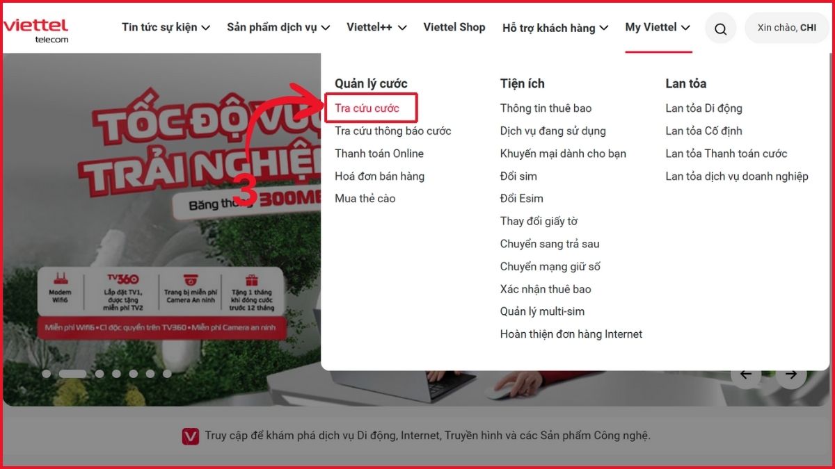 Menu My Viettel, chọn mục Tra cứu cước để xem thông tin và kiểm tra ưu đãi sim viettel.