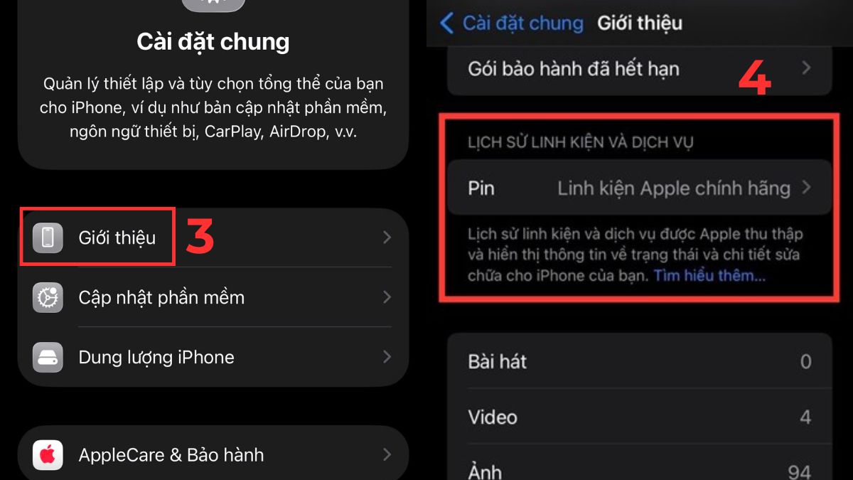 Xem lịch sử linh kiện và dịch vụ để thực hiện cách kiểm tra iphone 13 pro max thật giả