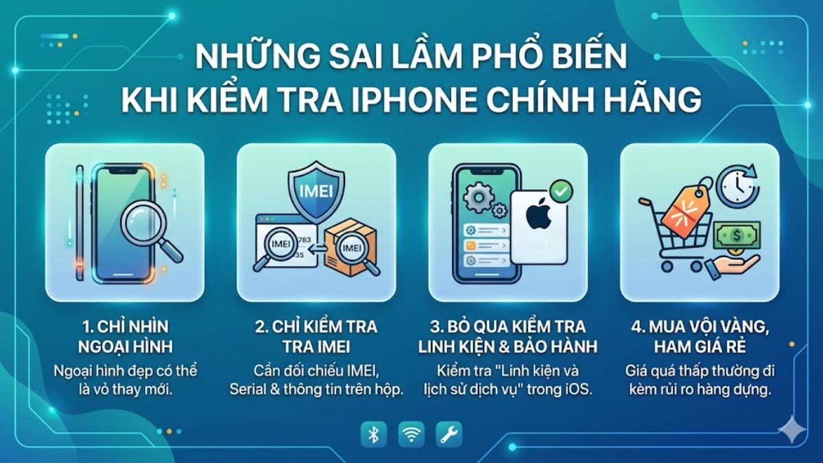 Infographic tổng hợp các sai lầm cần tránh trong cách kiểm tra iphone 13 pro max thật giả