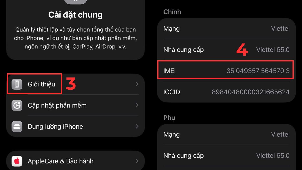 Đối chiếu mã IMEI trong cài đặt là cách kiểm tra iphone 13 pro max thật giả