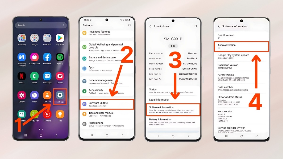 Cách kiểm tra phiên bản android, hướng dẫn kiểm tra phiên bản Android của điện thoại Samsung qua các bước vào Cài đặt và tìm thông tin điện thoại.