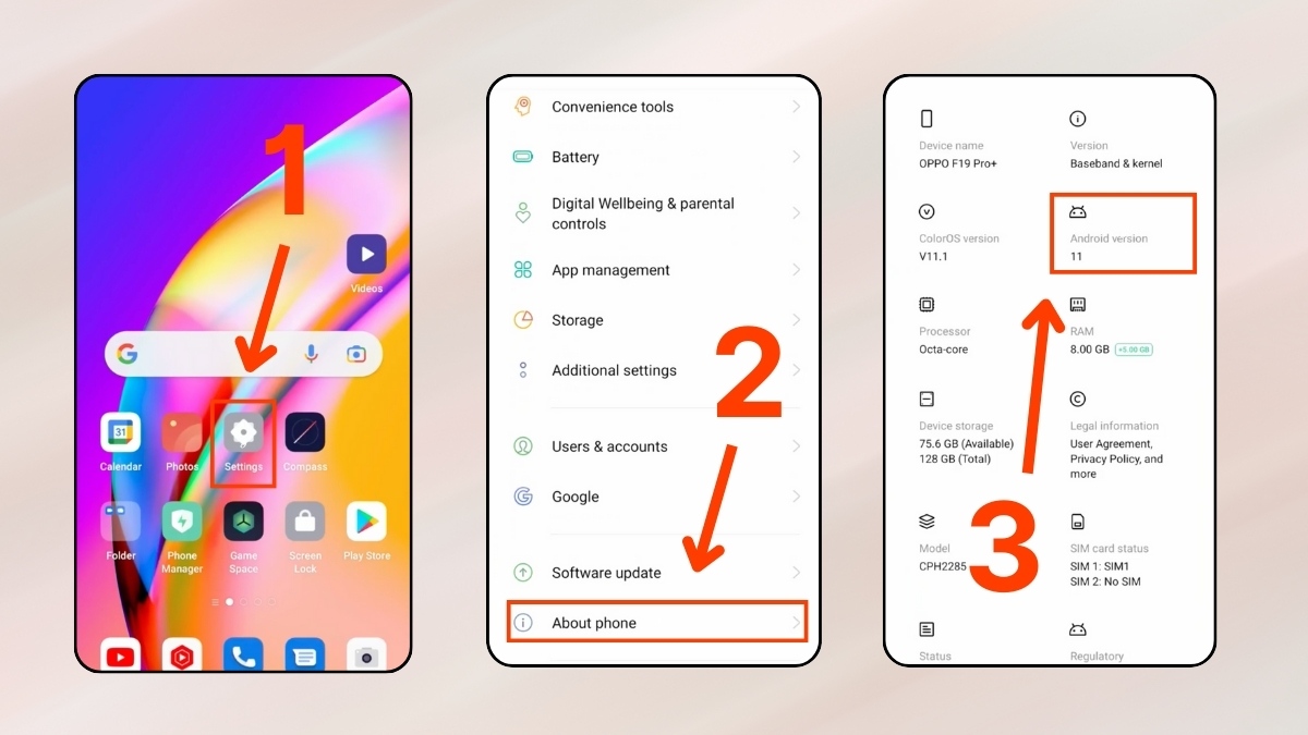 Cách kiểm tra phiên bản android, hướng dẫn kiểm tra phiên bản Android của điện thoại Oppo qua các bước vào Cài đặt và xem thông tin điện thoại.