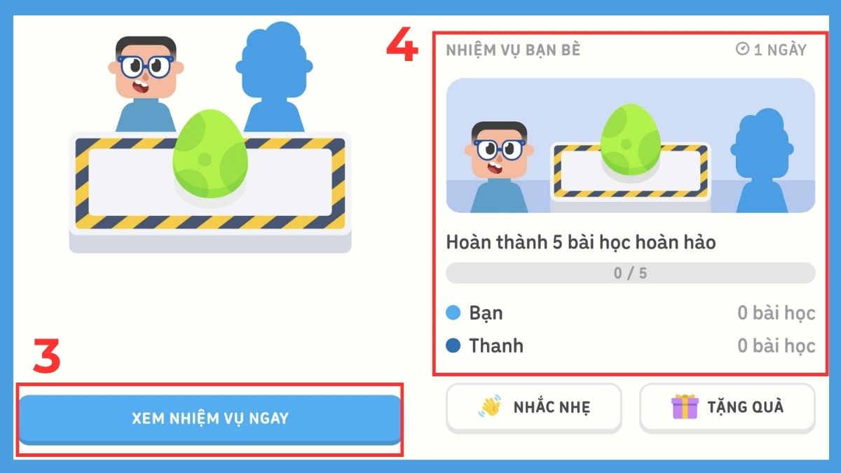 Thao tác chi tiết trong cách làm nhiệm vụ bạn bè trên duolingo để hoàn thành bài học.