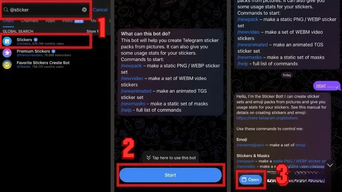 Mở bot Sticker trên Telegram để đồng bộ cách làm sticker trên Android.