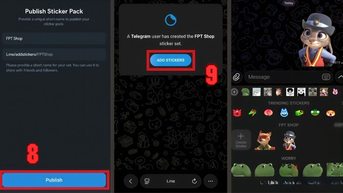 Hoàn tất xuất bản nhãn dán lên Telegram theo hướng dẫn tạo sticker cá nhân.
