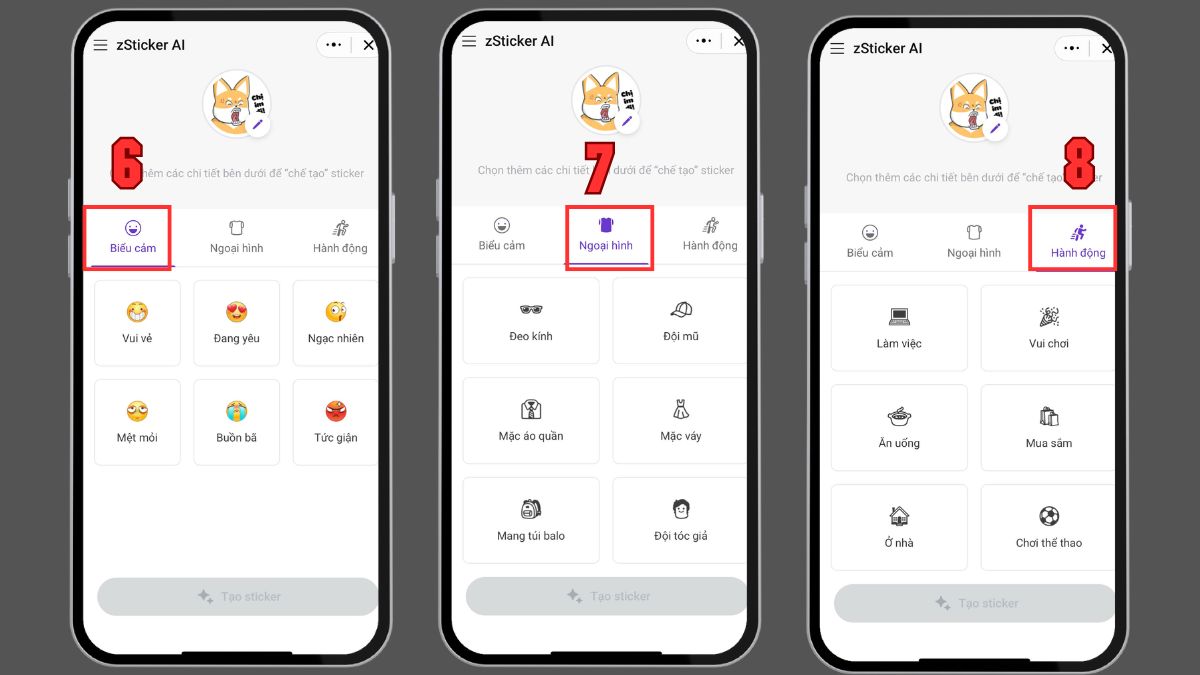 Tùy chỉnh biểu cảm nhân vật khi thực hiện cách làm sticker trên Android với Zalo.