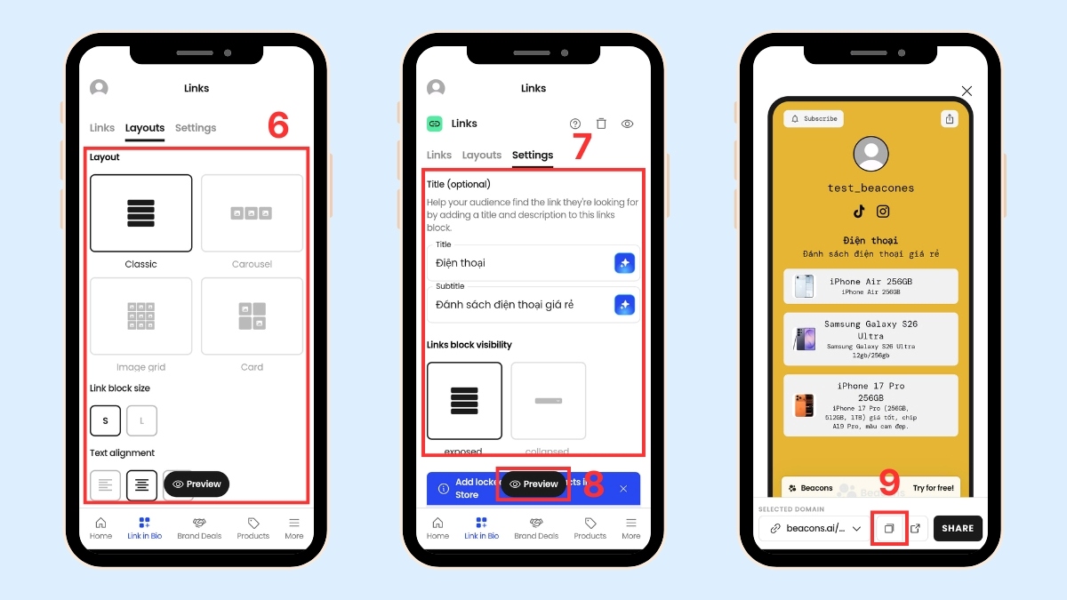 Xem trước và sao chép link Bio tổng hợp sau khi cách liên kết tiktok với shopee.