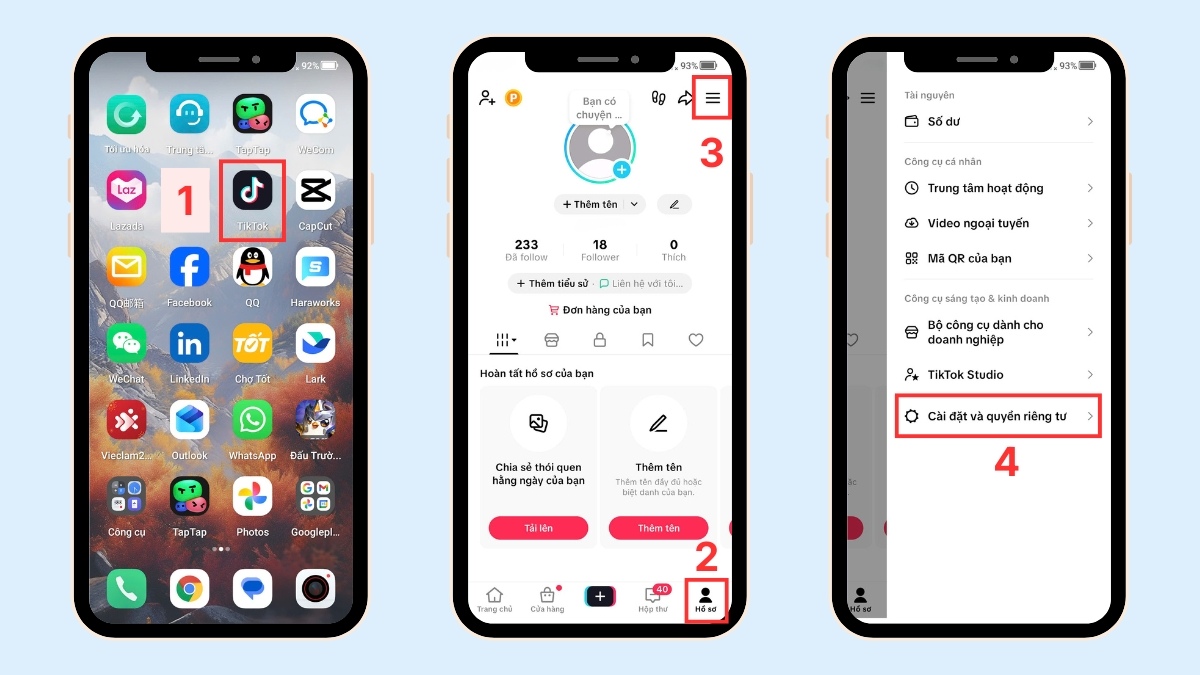 Các bước mở cài đặt bắt đầu cách liên kết tiktok với shopee trên điện thoại.